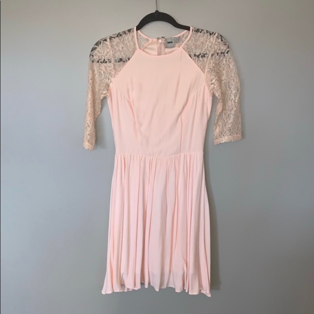 ASOS | A-line dress with lace sleeves in pink